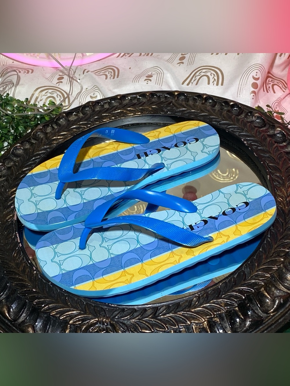 Coach Blue & Yellow Stripe Signature Flip Flops